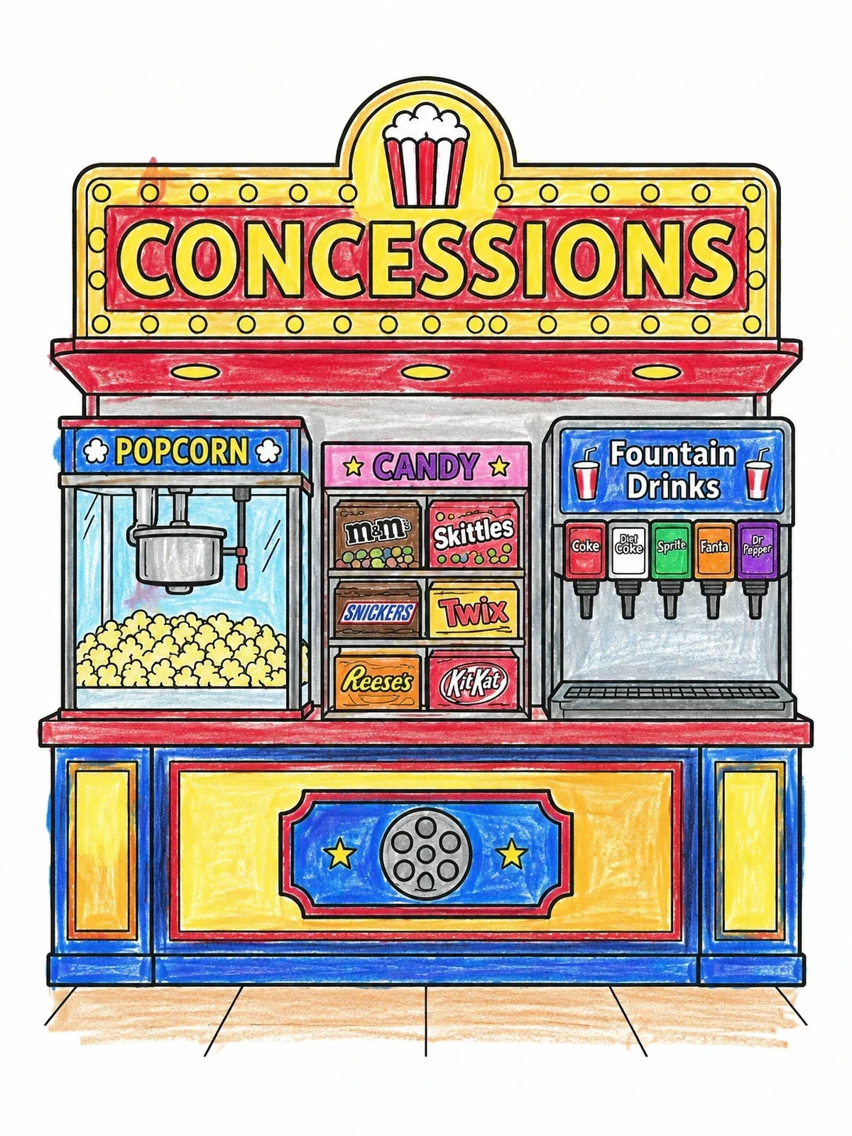 Colored example of the Movie Theatre Concession Stand coloring page