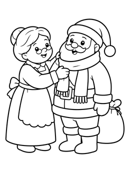 A cheerful santa claus coloring page featuring Mrs. Claus wrapping a warm scarf around Santa.