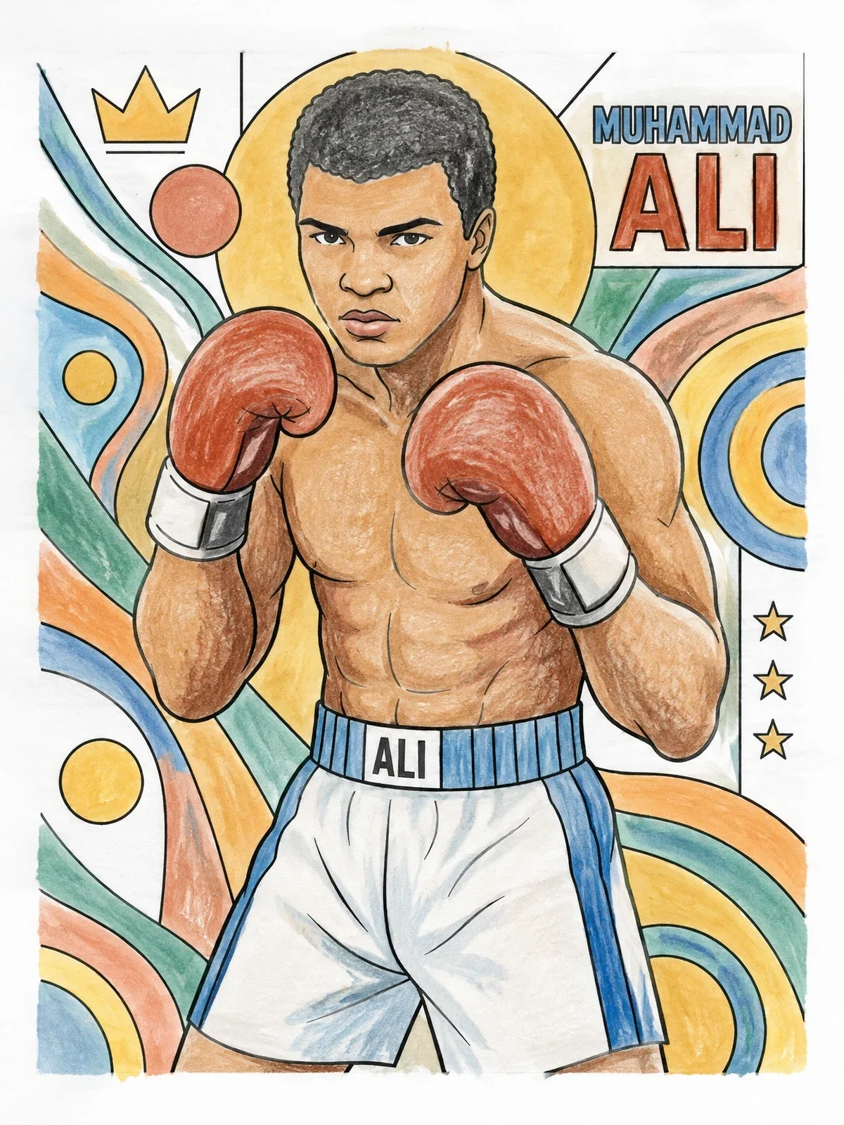 Colored example of the Muhammad Ali Boxing Champion Portrait coloring page