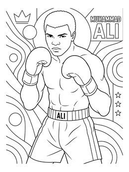 Classic muhammad ali coloring page featuring the boxer in fighting stance with abstract patterns.