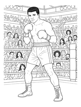 A detailed muhammad ali coloring page showing the champion posing in a ring before cheering fans.