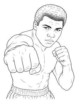 A dynamic muhammad ali coloring page showing the champion boxer extending a punch.