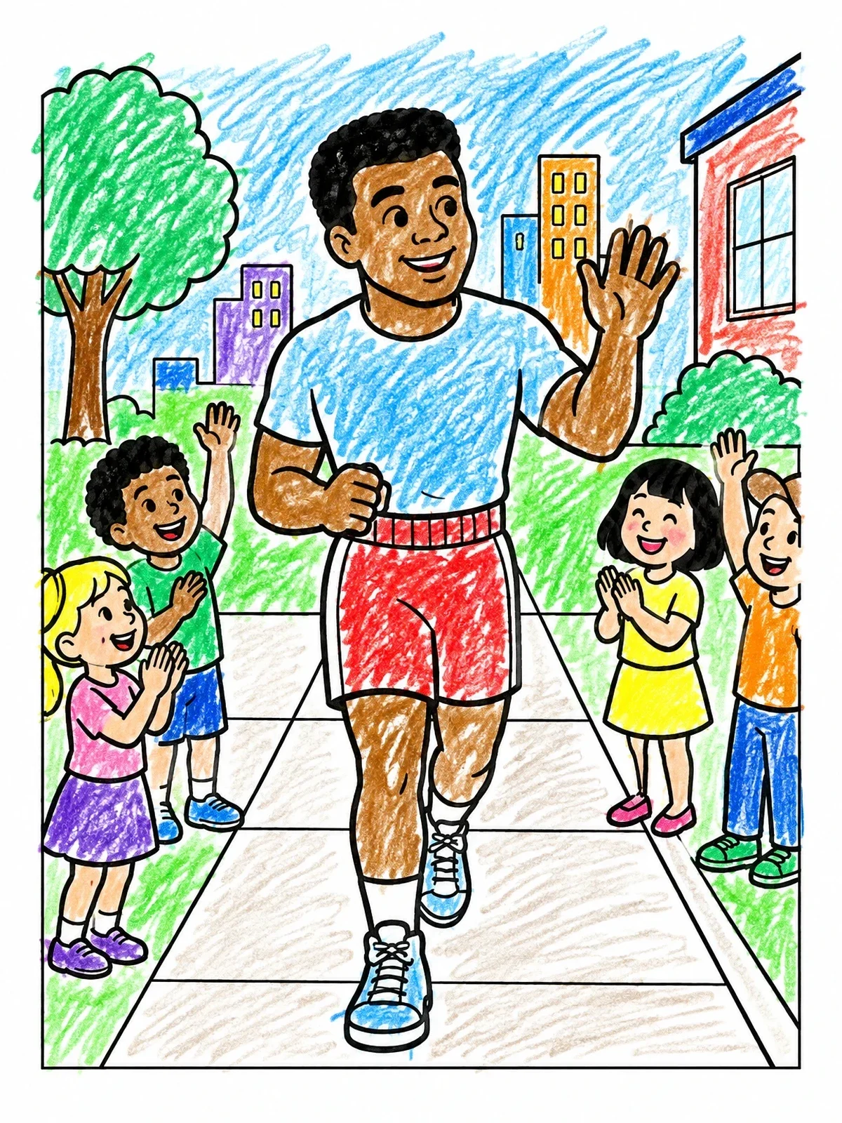 Colored example of the Muhammad Ali Jogging With Cheering Kids coloring page