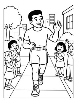 Free printable Muhammad Ali Jogging With Cheering Kids coloring page