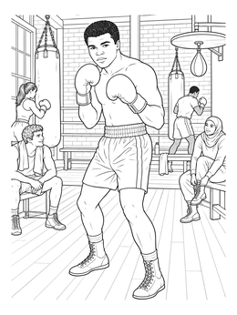 A detailed muhammad ali coloring page showing the champion sparring inside a busy boxing gym.