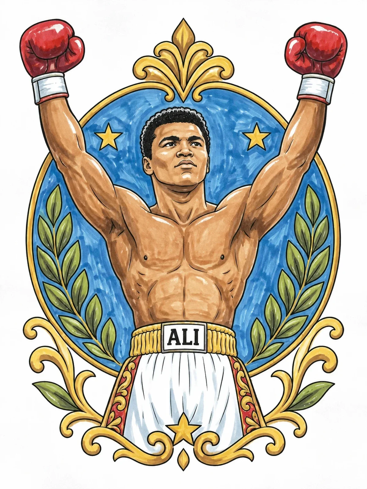 Colored example of the Muhammad Ali Triumphant Champion Portrait coloring page