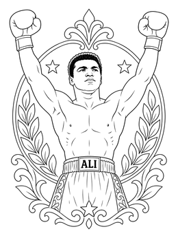 A triumphant boxer in this muhammad ali coloring page framed by laurel leaves and stars.