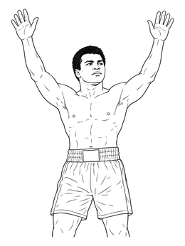 A realistic muhammad ali coloring page showing the champion with arms raised in victory.