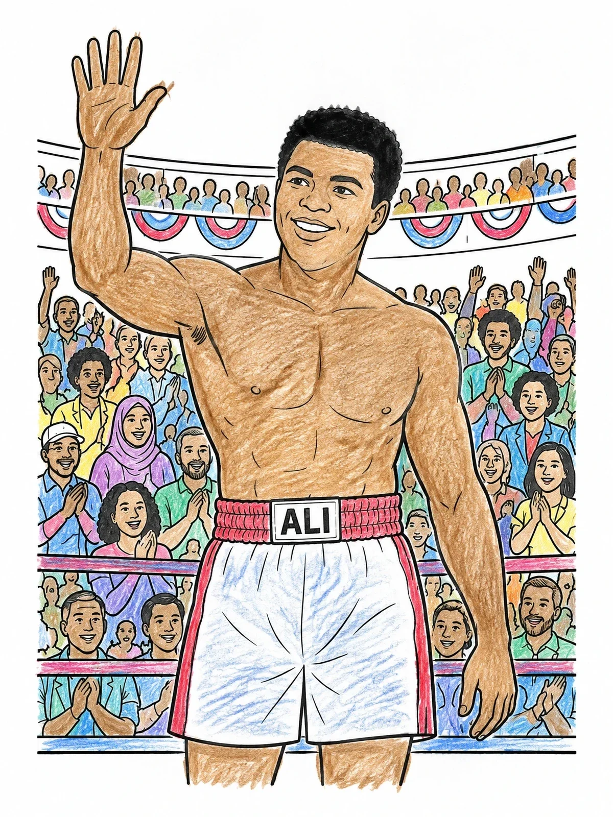 Colored example of the Muhammad Ali Waving In The Arena coloring page