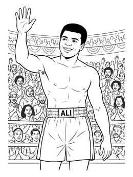 A smiling boxing champion in this muhammad ali coloring page waving to an arena crowd.