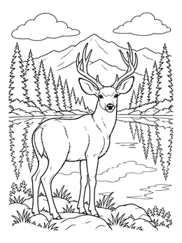 A handsome buck stands by water on this mule deer coloring page with mountain views.