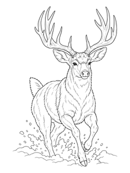 A mule deer coloring page featuring a large buck leaping through winter snow drifts.