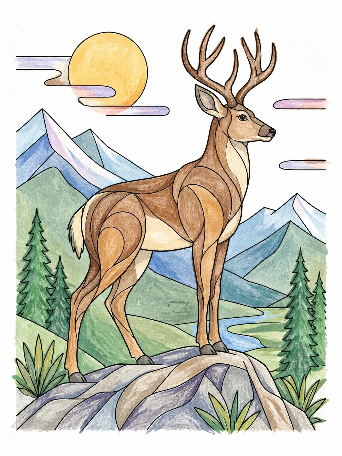 Colored example of the Mule Deer Buck On Mountain Ridge coloring page
