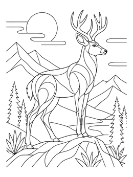 A mule deer coloring page showing a majestic buck standing high on a scenic mountain ridge.