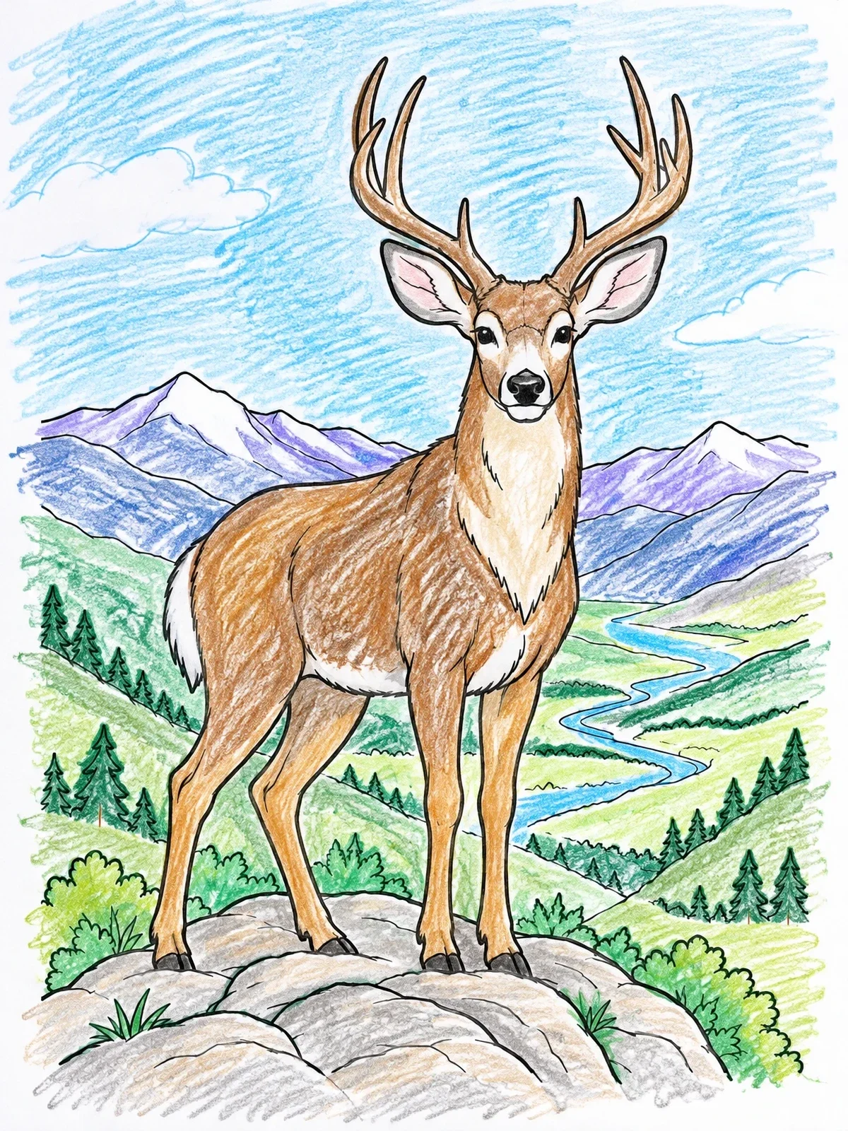 Colored example of the Mule Deer On Mountain Ridge coloring page