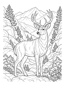A majestic mule deer coloring page featuring a buck standing proudly in a rocky mountain landscape.