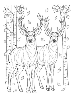 Two majestic bucks stand among birch trees in this detailed mule deer coloring page.