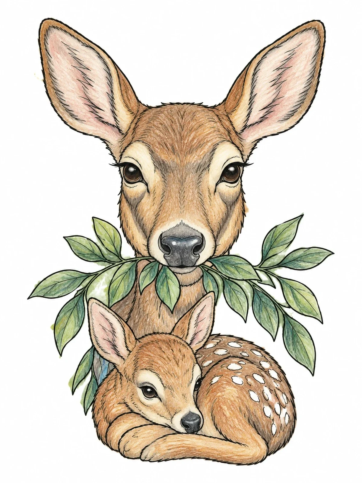 Colored example of the Mule Deer Doe With Resting Fawn coloring page