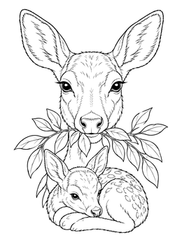 A detailed mule deer coloring page showing a doe holding leaves above a resting fawn.