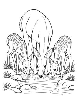 Free printable Mule Deer Doe With Twin Fawns Drinking coloring page