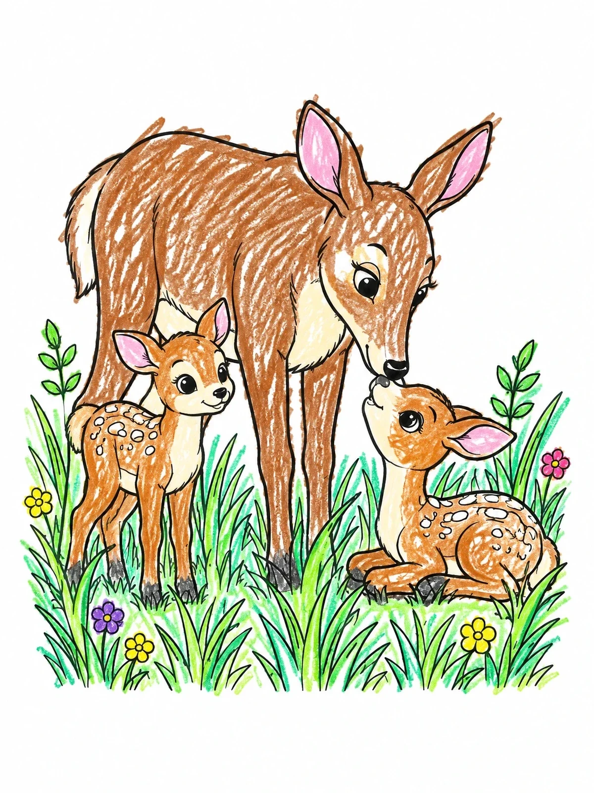 Colored example of the Mother Mule Deer With Spotted Fawns coloring page