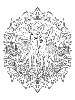 Two spotted fawns in a mountain floral landscape featured in this mule deer coloring page.