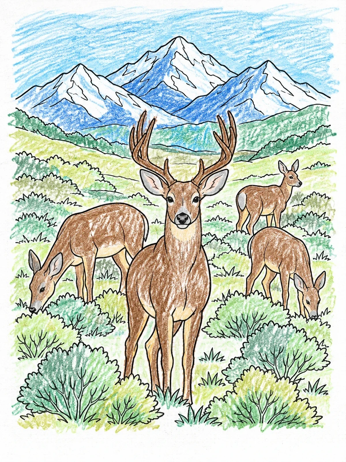 Colored example of the Mule Deer Herd In The Mountains coloring page