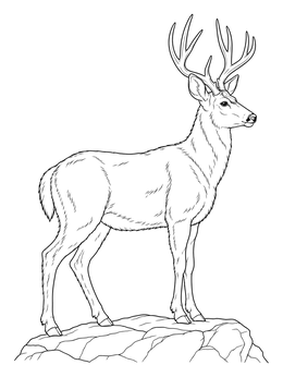 A detailed mule deer coloring page showing a majestic buck perched on a rocky ledge.