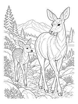 A mother deer and her fawn walk along a rocky path in this mule deer coloring page.