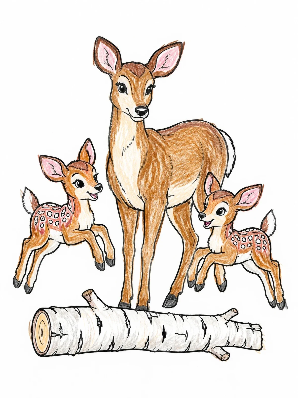 Colored example of the Mule Deer Mother With Playful Fawns coloring page