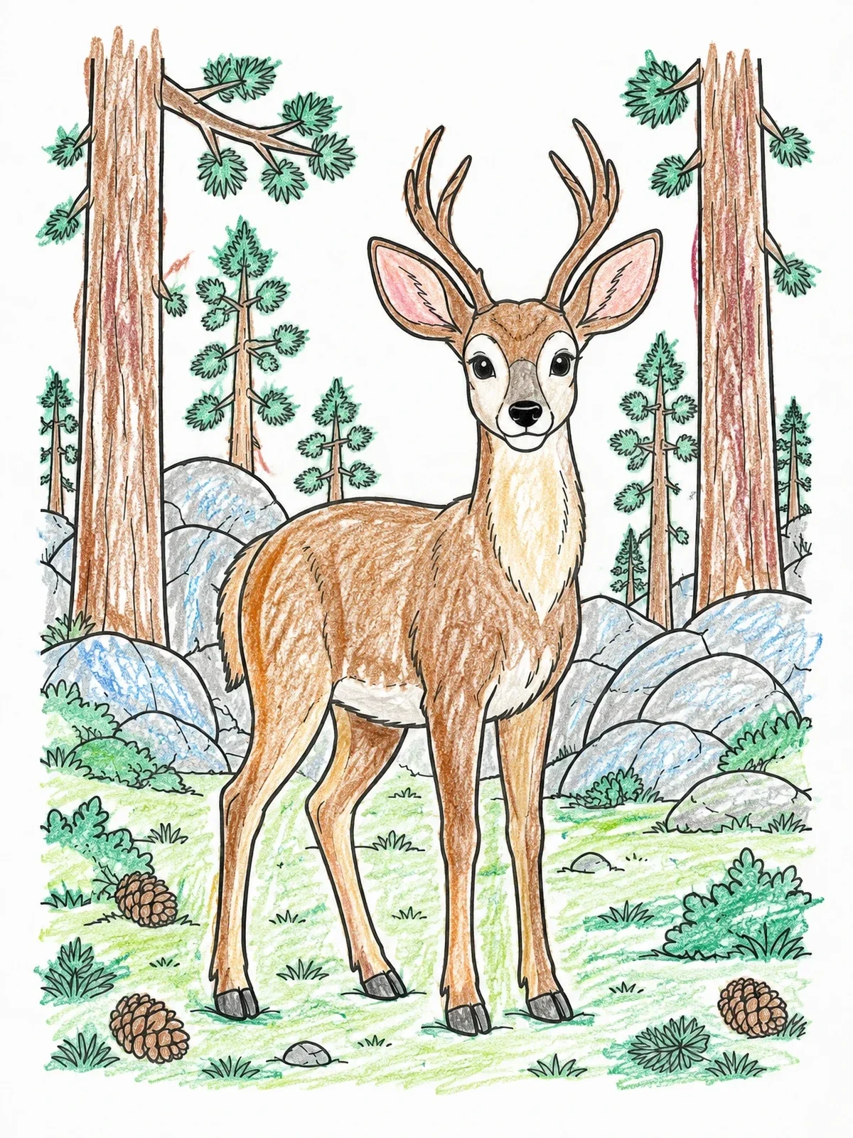 Colored example of the Young Buck In Pine Forest coloring page