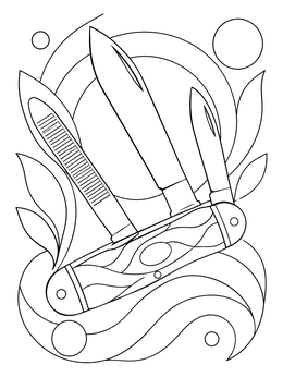 A decorative knife coloring page showing an open multi-blade pocket knife with stylized leaves.