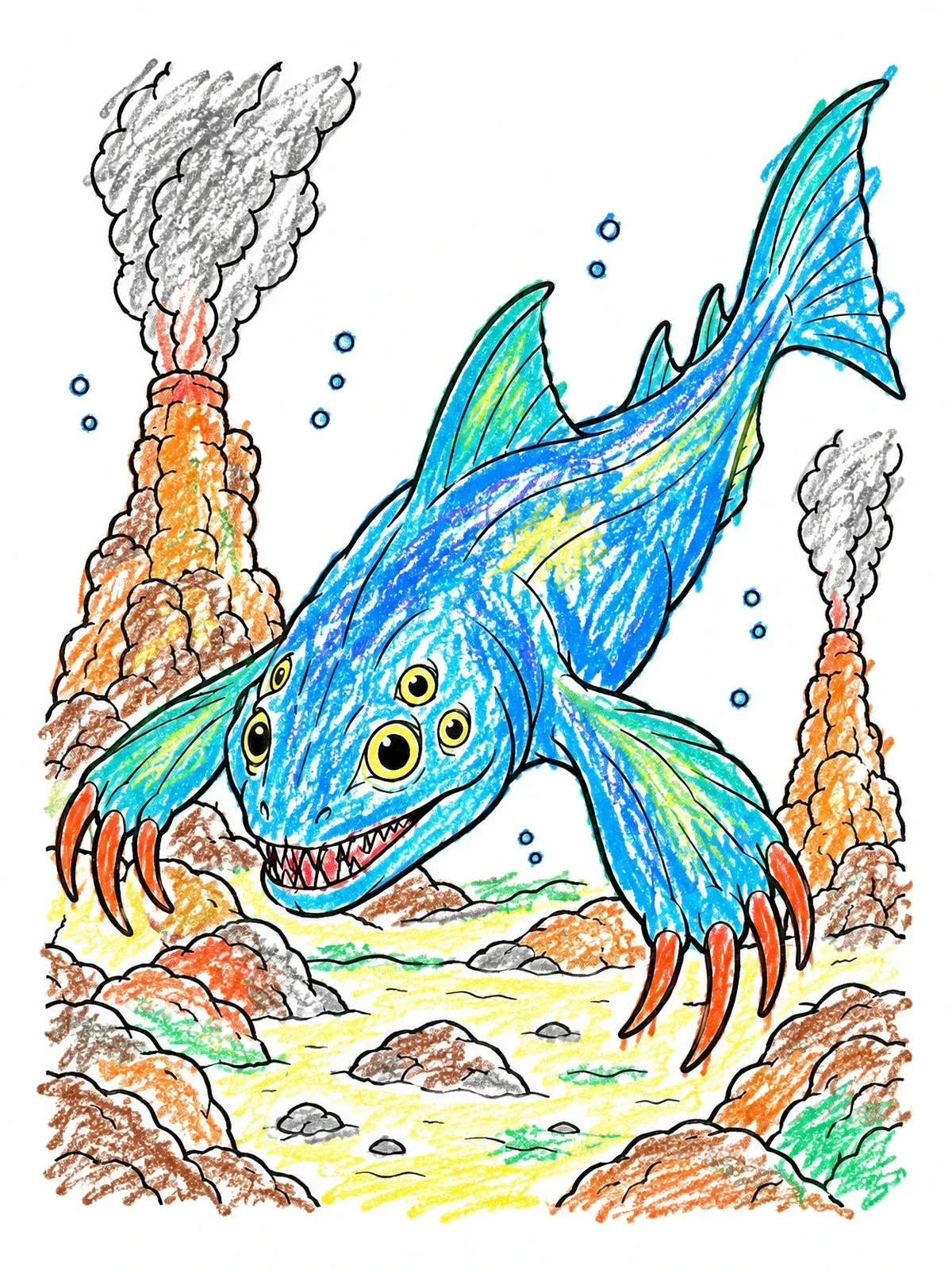 Colored example of the Multi Eyed Deep Sea Creature coloring page