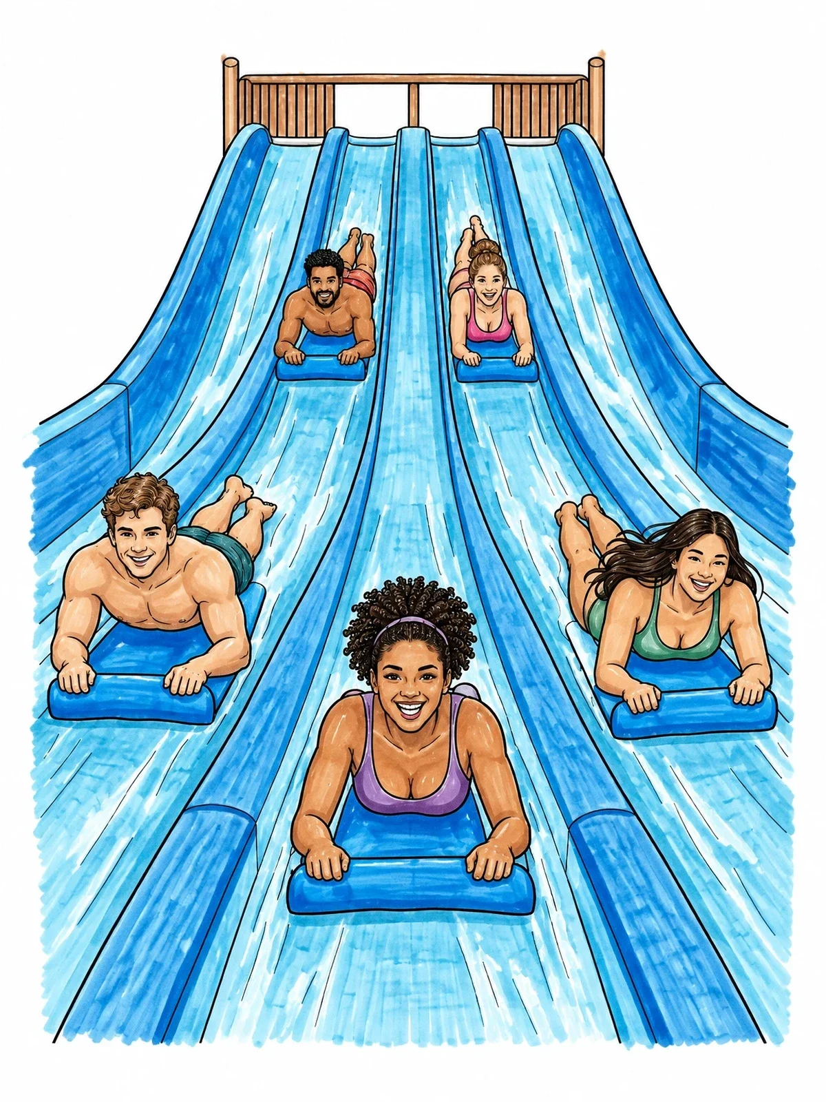 Colored example of the Racing Down The Multi Lane Water Slide coloring page