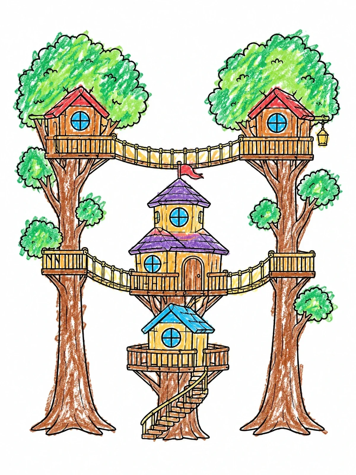 Colored example of the Multi Level Fantasy Treehouse Village coloring page