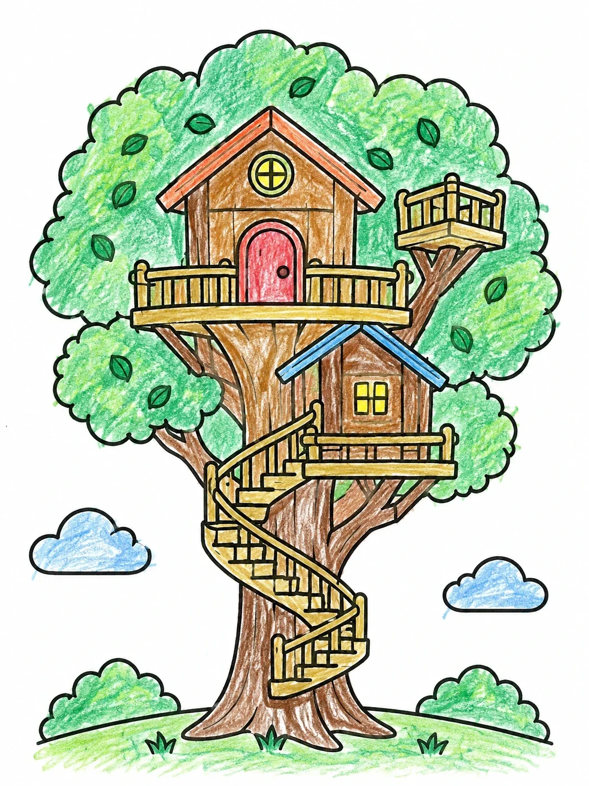 Colored example of the Multi Level Tree House With Spiral Stairs coloring page