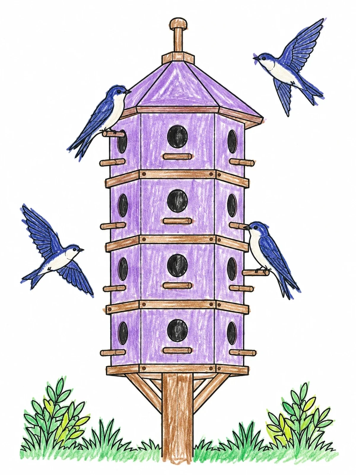 Colored example of the Multi Story Purple Martin Birdhouse coloring page