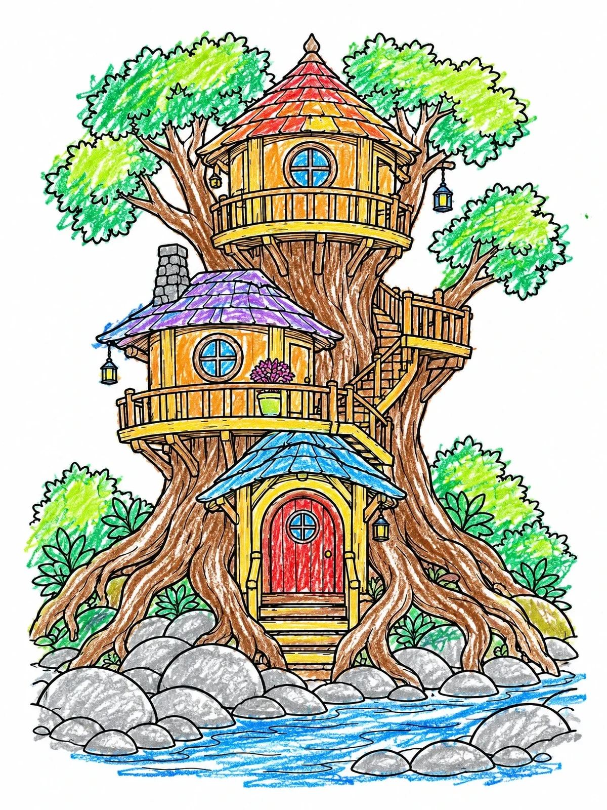 Colored example of the Multi Tiered Treehouse Fairy Home coloring page