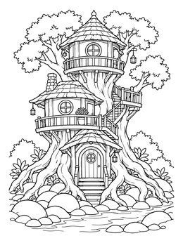 Free printable Multi Tiered Treehouse Fairy Home coloring page