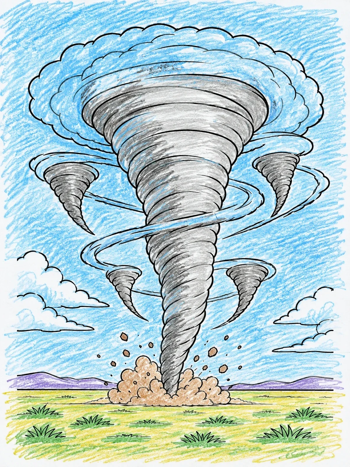 Colored example of the Multi Vortex Tornado Over Plains coloring page