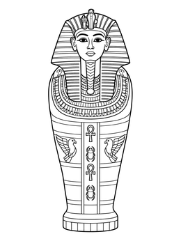 An ornate Egyptian pharaoh sarcophagus featured in this mummy coloring page.