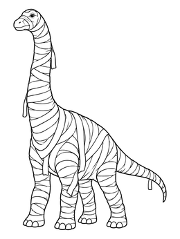 A halloween dinosaur coloring page of a tall brachiosaurus wrapped in mummy bandages.