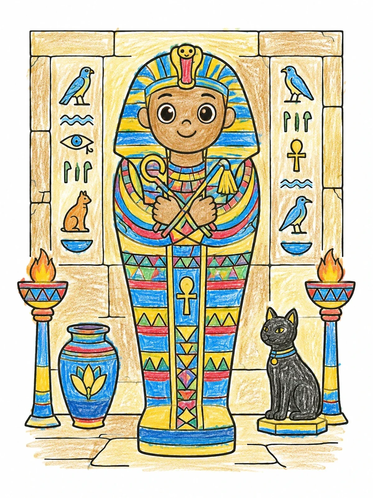 Colored example of the Cute Pharaoh Sarcophagus With Cat coloring page