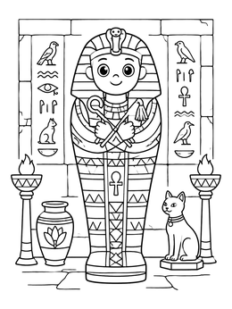 Free printable Cute Pharaoh Sarcophagus With Cat coloring page