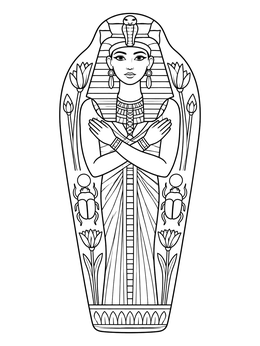 An ornate ancient Egyptian sarcophagus lid on this mummy coloring page.