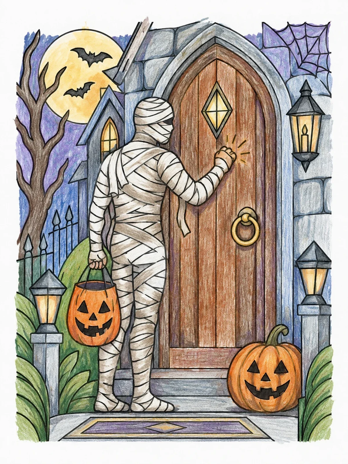 Colored example of the Mummy Trick Or Treating At Haunted House coloring page