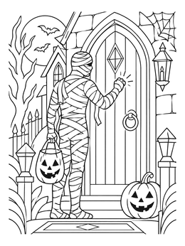 A detailed mummy coloring page showing a wrapped figure knocking on a front door with a treat bag.