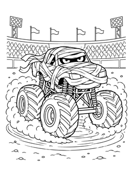 A mummy monster truck coloring page spinning in a dirt arena surrounded by cheering stadium crowds.