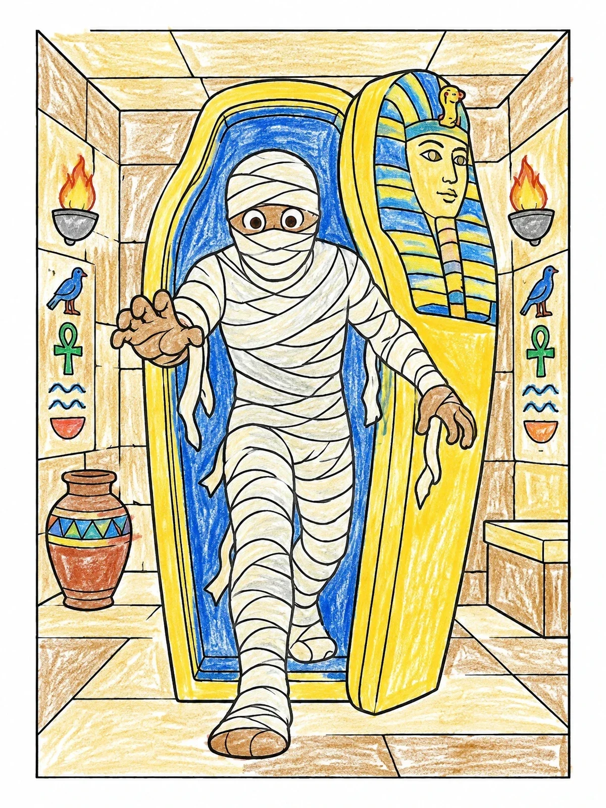 Colored example of the Mummy Stepping From Ancient Sarcophagus coloring page