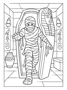 A friendly mummy coloring page showing a wrapped figure stepping out of an open sarcophagus.